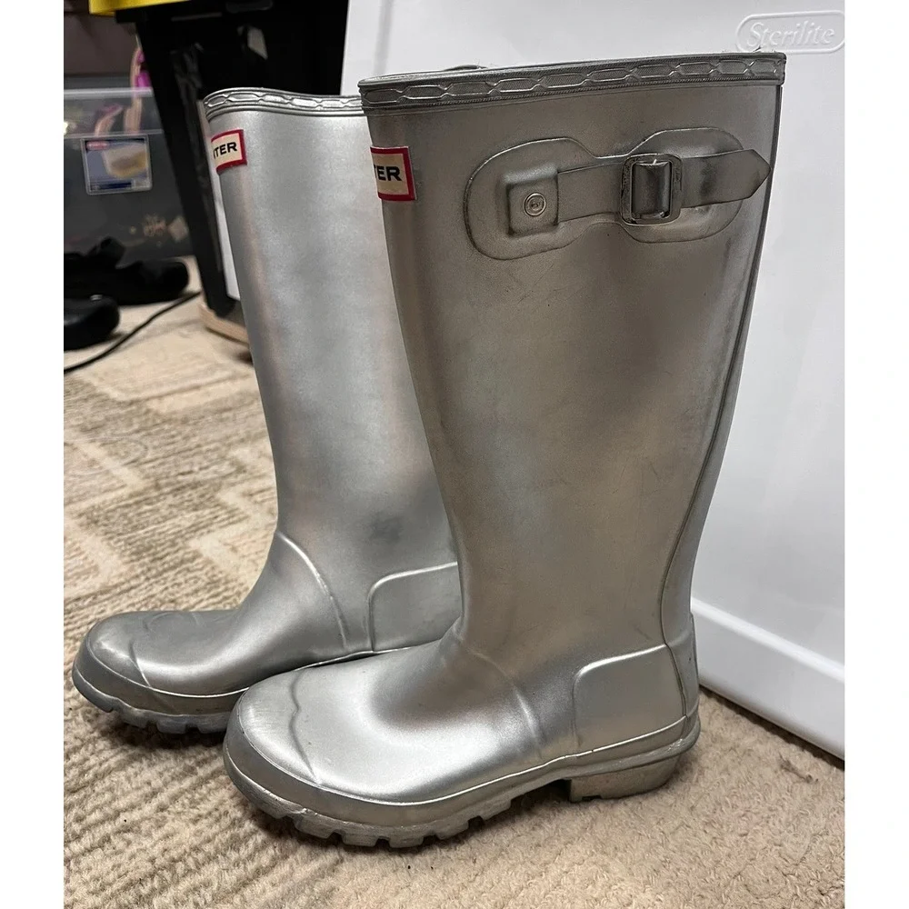 Hunter Original Tall Silver Metallic Rain Boots Big‎ Kids 4M/5F